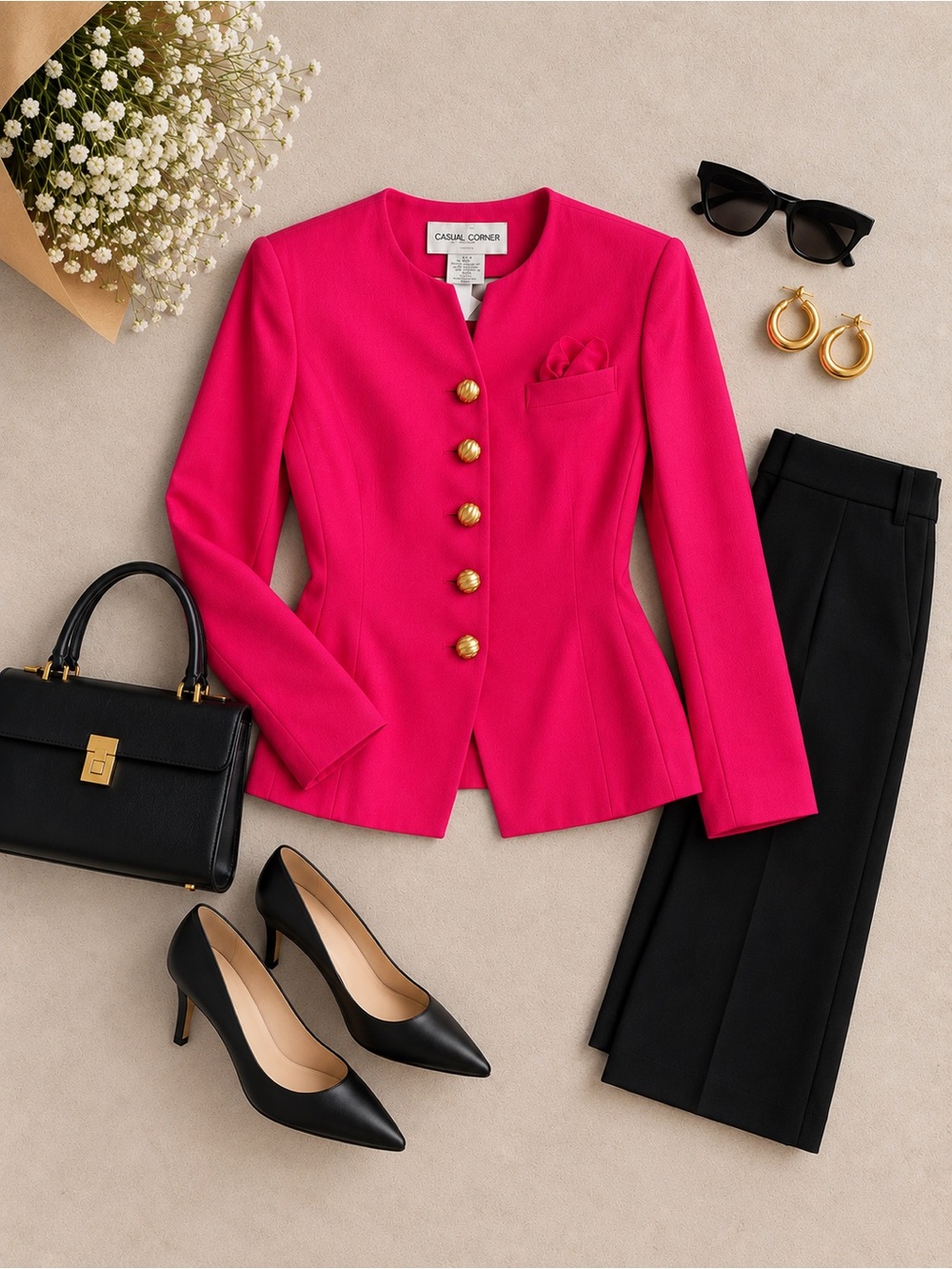 Vintage Casual Corner Hot Pink Collarless Gold Button Blazer Jacket 2P NWT